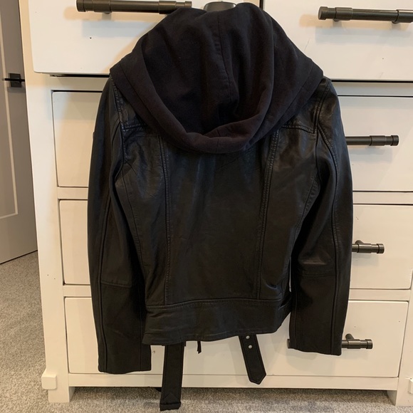 All saints black leather biker jacket with hood M - Picture 2 of 3